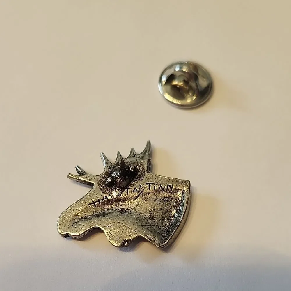 Moose Elk Caribou Head Pewter Pin Brooch Signed